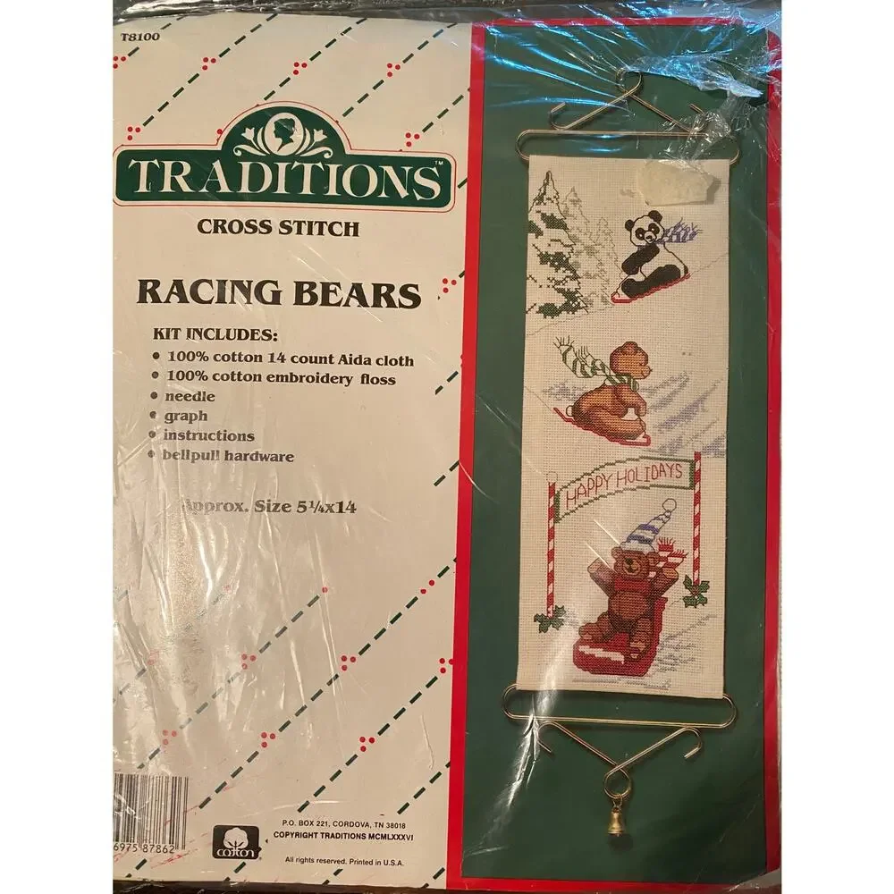 Vintage 1986 Traditions Cross Stitch Kit Racing Bears Holiday Bellpull Sealed